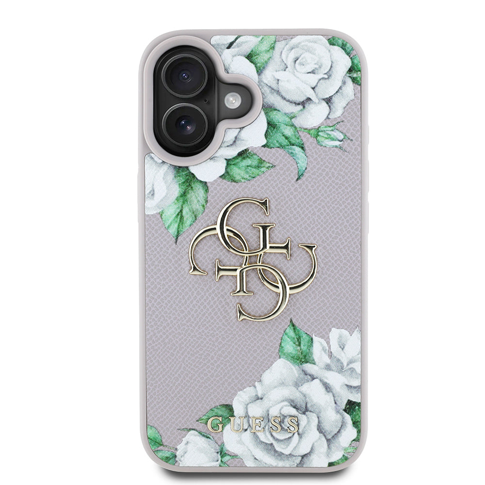 Apple iPhone 16 Case Guess Original Licensed Rose Printed Large Metal Logo Design Cover Purple
