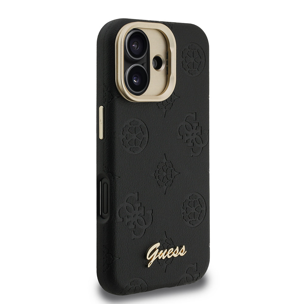Apple iPhone 16 Kılıf Guess Orjinal Lisanslı M-safe Şarj Özellikli Sıcak Baskılı Yazı Logolu Kamera Standlı PU Deri Peony Kapak Pembe