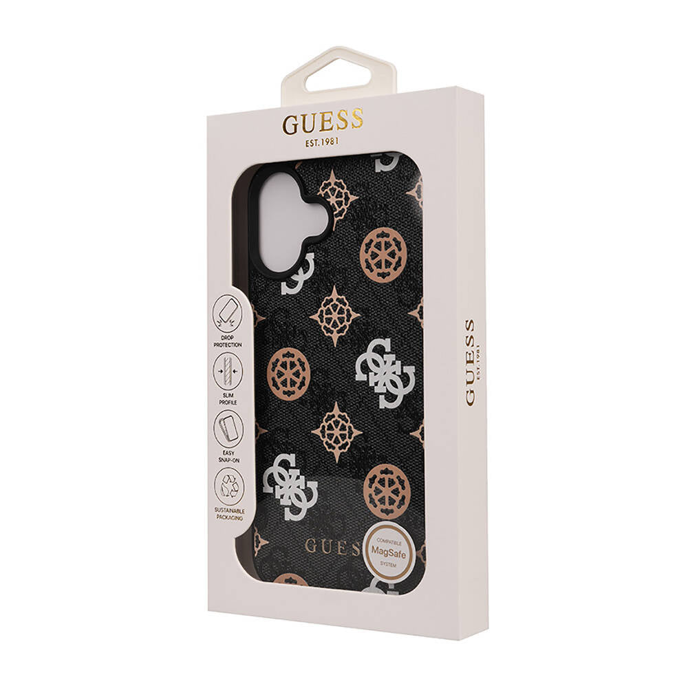 Apple iPhone 16 Case Guess Original Licensed M-safe Charging Feature 4G Patterned Text Logo Peony Cover Black