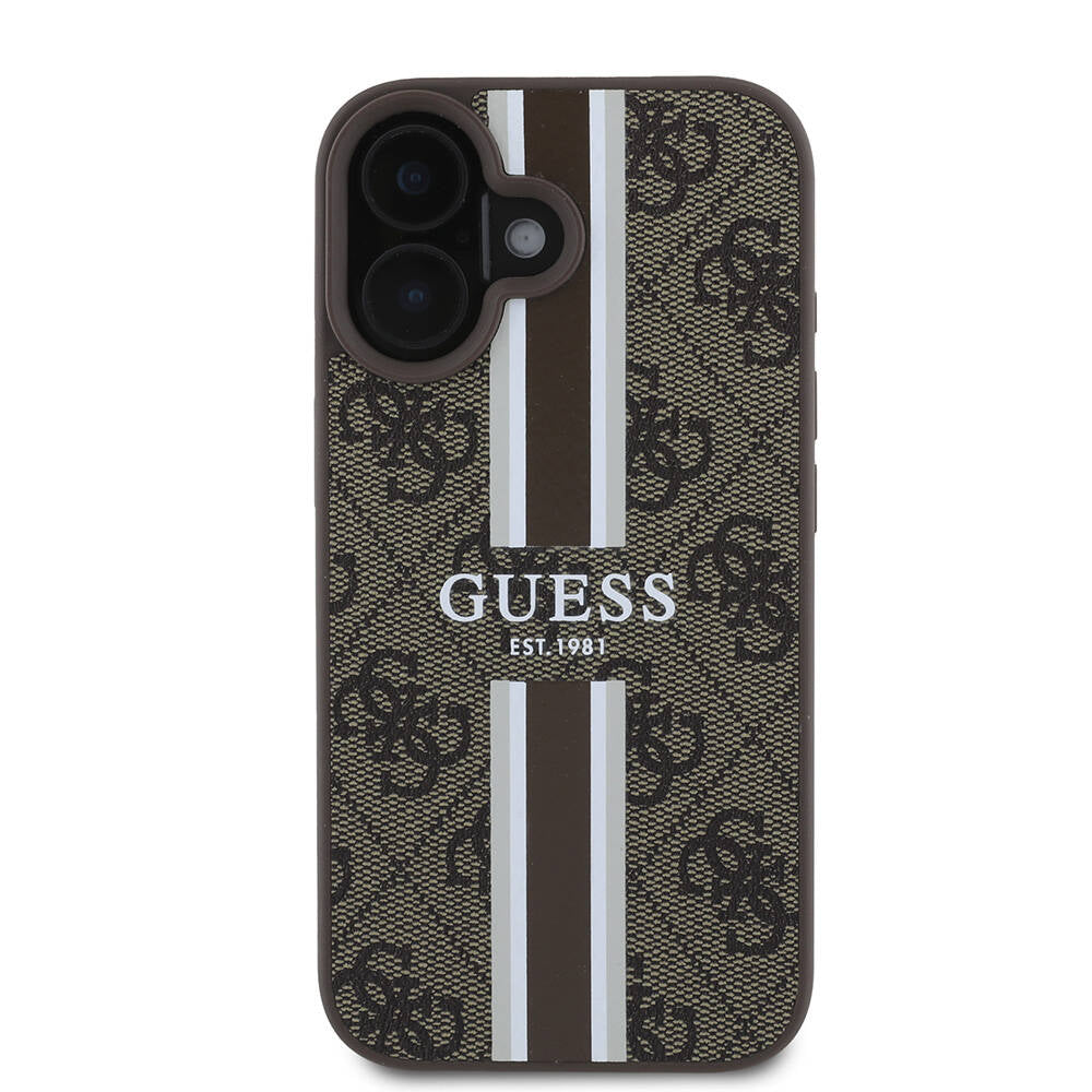 Apple iPhone 16 Case Guess Original Licensed M-safe Charging Feature 4G Stripe Design Printed Cover Black