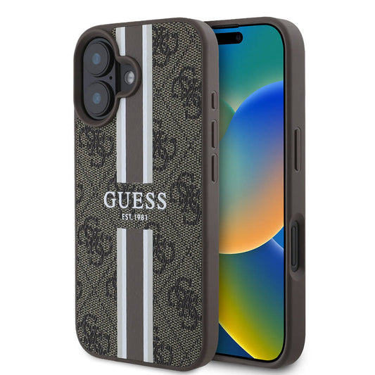 Apple iPhone 16 Kılıf Guess Orjinal Lisanslı M-safe Şarj Özellikli 4G Şerit Tasarımlı Printed Kapak Kahverengi