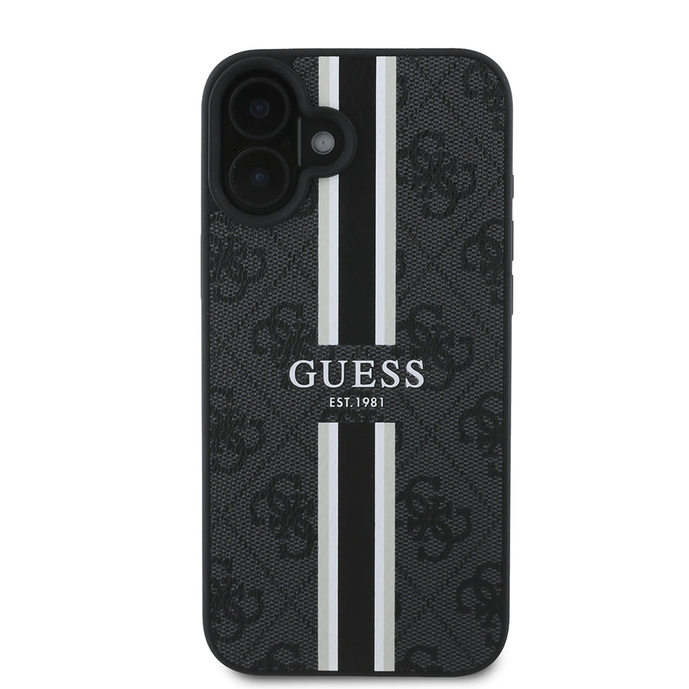 Apple iPhone 16 Case Guess Original Licensed M-safe Charging Feature 4G Stripe Design Printed Cover Black