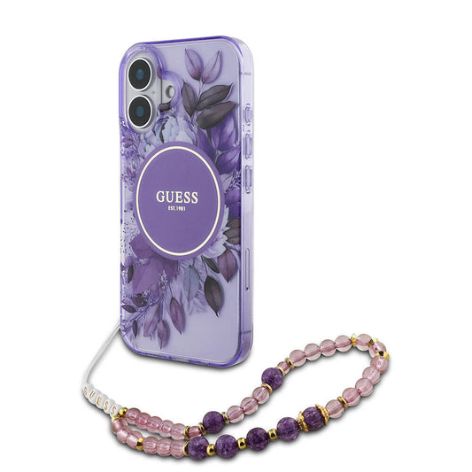 Apple iPhone 16 Kılıf Guess Orjinal Lisanslı M-safe Şarj Özellikli IML Baskılı Çiçek İnci Bileklikli Kapak Mor