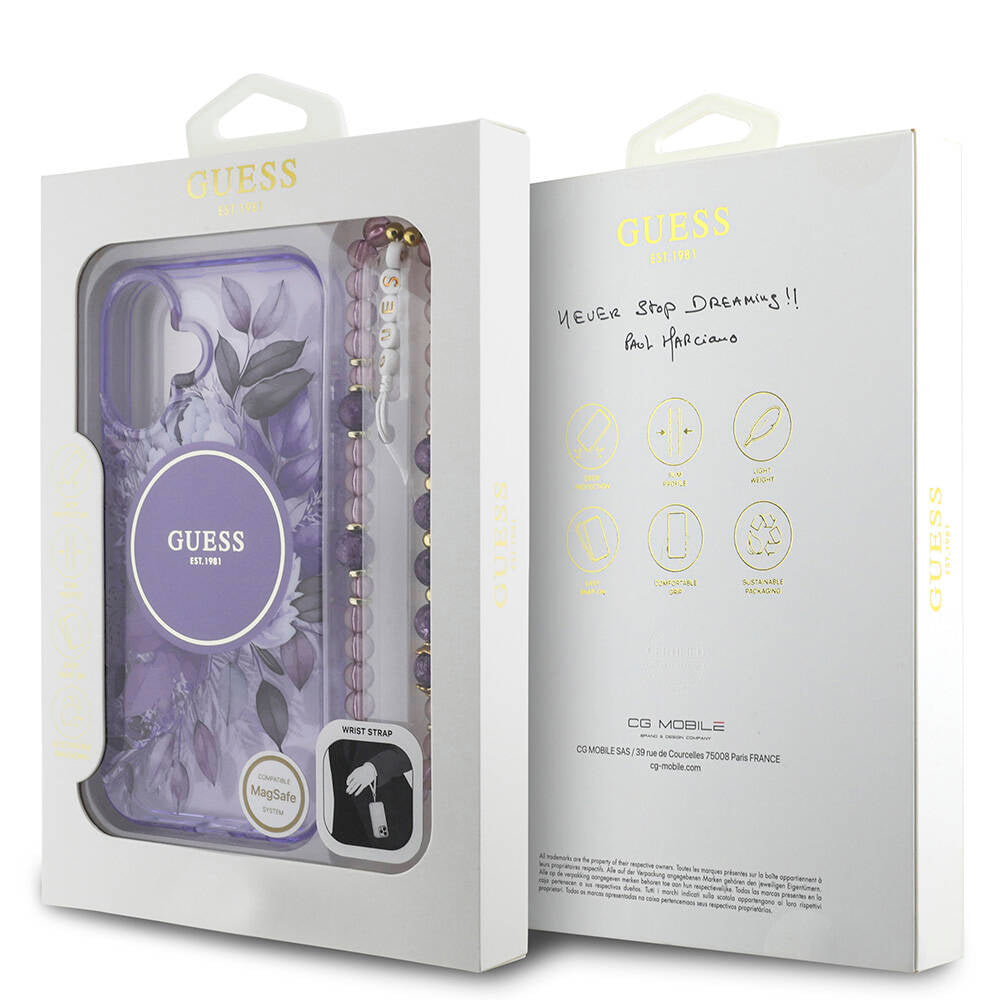 Apple iPhone 16 Case Guess Original Licensed M-Safe Charging Feature IML Printed Flower Pearl Bracelet Cover Purple