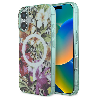 Apple iPhone 16 Kılıf Guess Orjinal Lisanslı M-safe Şarj Özellikli IML Baskılı Jungle Ring Kapak Yeşil