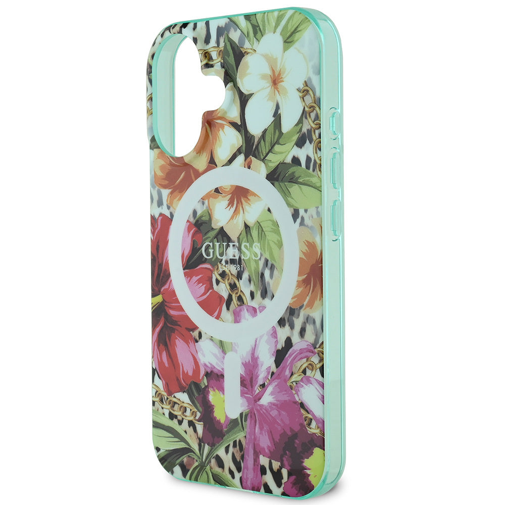 Apple iPhone 16 Case Guess Original Licensed M-safe Charging Feature IML Printed Jungle Ring Cover Green