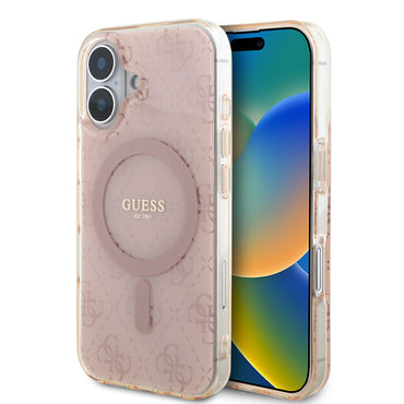 Apple iPhone 16 Kılıf Guess Orjinal Lisanslı M-safe Şarj Özellikli IML Baskılı Klasik Logolu 4G Desenli Kapak Pembe