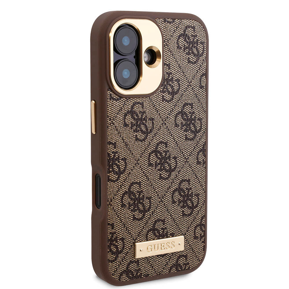 Apple iPhone 16 Case Guess Original Licensed M-safe Charging Feature PU 4G Patterned Metal Plate Classic Logo Cover Brown