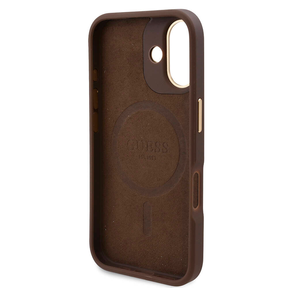 Apple iPhone 16 Case Guess Original Licensed M-safe Charging Feature PU 4G Patterned Metal Plate Classic Logo Cover Brown