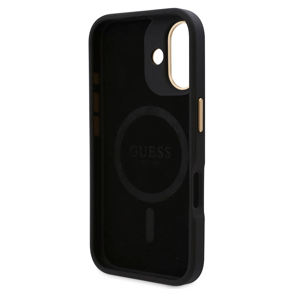 Apple iPhone 16 Case Guess Original Licensed M-safe Charging Feature PU 4G Patterned Metal Plate Classic Logo Cover Brown