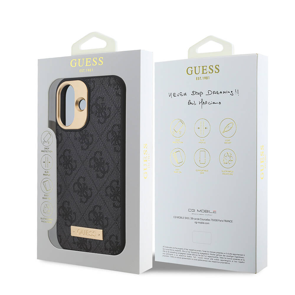 Apple iPhone 16 Case Guess Original Licensed M-safe Charging Feature PU 4G Patterned Metal Plate Classic Logo Cover Brown