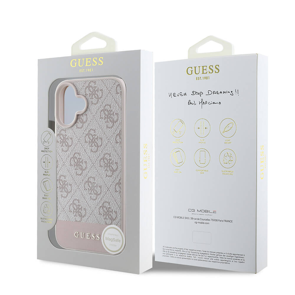 Apple iPhone 16 Case Guess Original Licensed M-safe Charging Feature PU Leather Stripe Logo Design Cover Brown