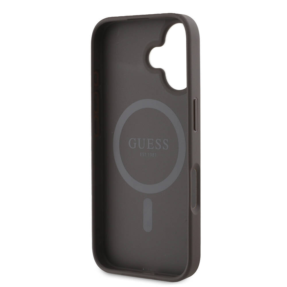 Apple iPhone 16 Case Guess Original Licensed M-safe Charging Feature PU Leather Stripe Logo Design Cover Brown