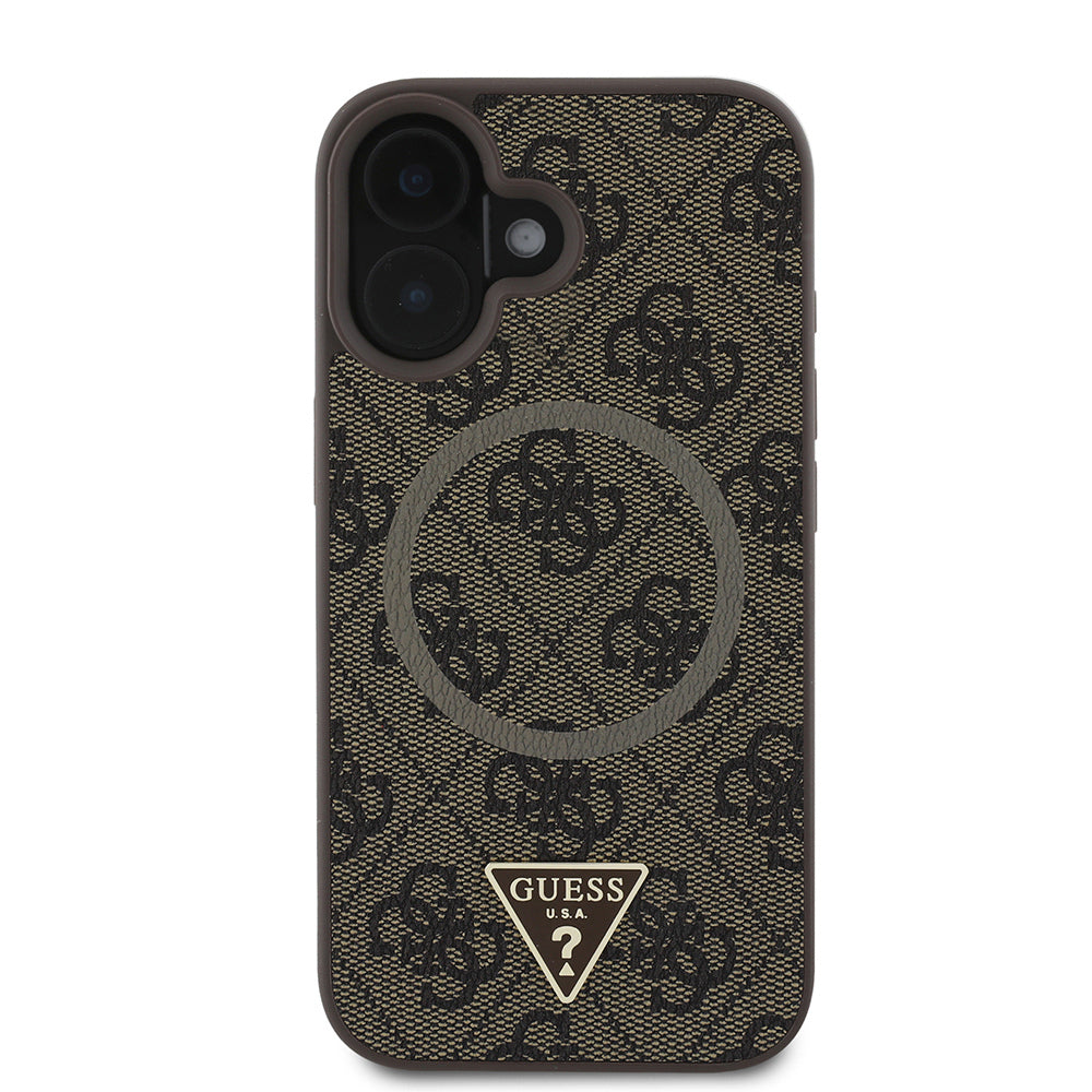 Apple iPhone 16 Case Guess Original Licensed M-safe Charging Feature PU Triangle Logo 4G Patterned Cover Pink
