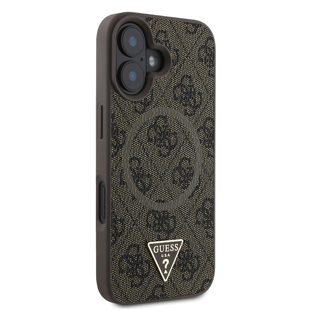 Apple iPhone 16 Case Guess Original Licensed M-safe Charging Feature PU Triangle Logo 4G Patterned Cover Black