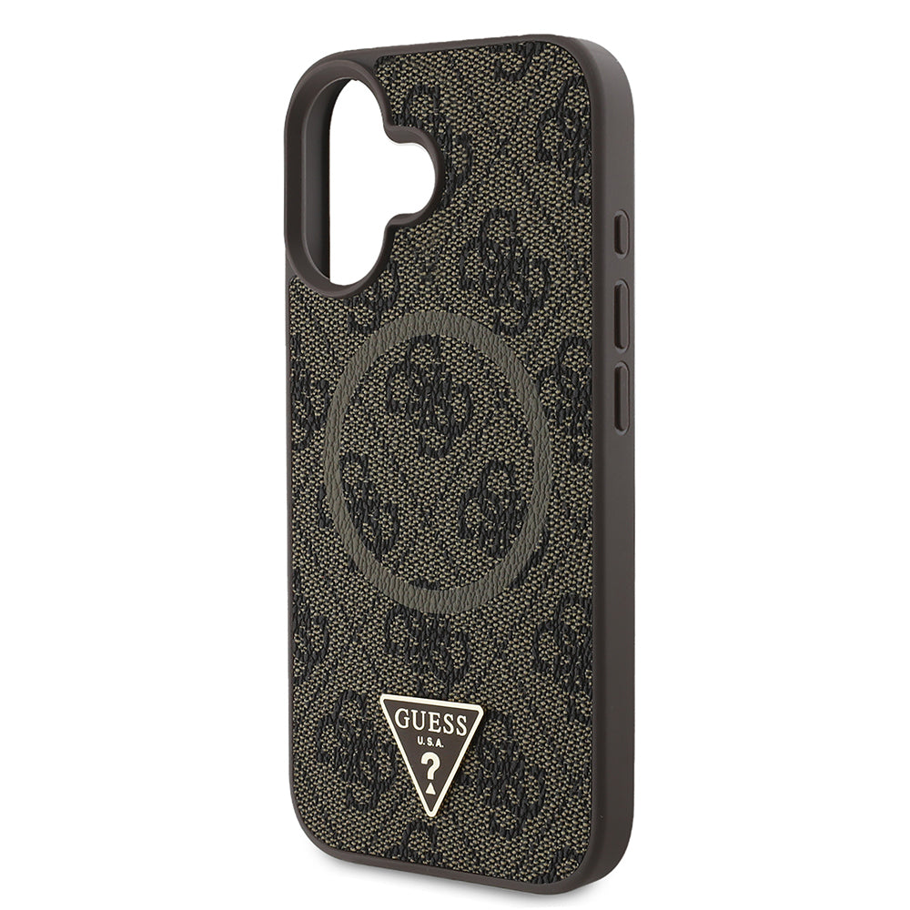 Apple iPhone 16 Case Guess Original Licensed M-safe Charging Feature PU Triangle Logo 4G Patterned Cover Black