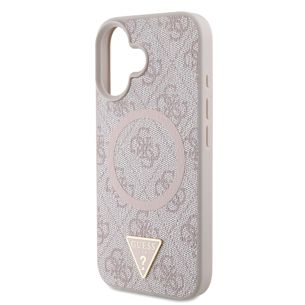 Apple iPhone 16 Case Guess Original Licensed M-safe Charging Feature PU Triangle Logo 4G Patterned Cover Pink