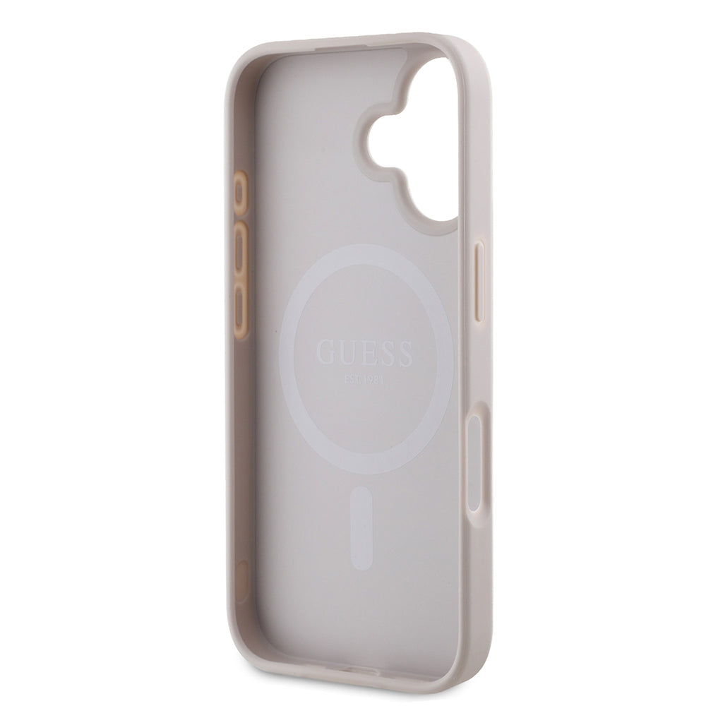 Apple iPhone 16 Case Guess Original Licensed M-safe Charging Feature PU Triangle Logo 4G Patterned Cover Pink