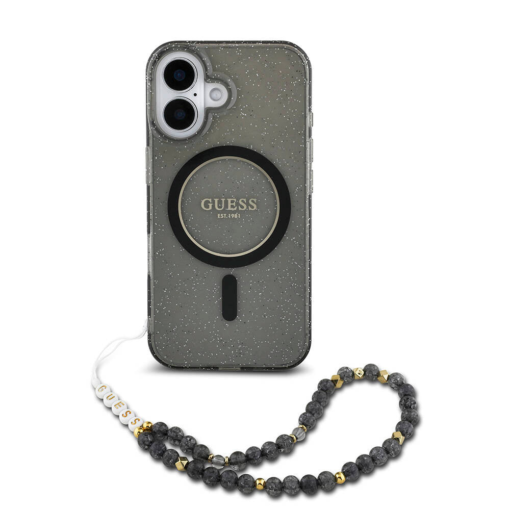 Apple iPhone 16 Case Guess Original Licensed M-safe Charging Feature Glittery Silicone Pearl Bracelet Cover Black