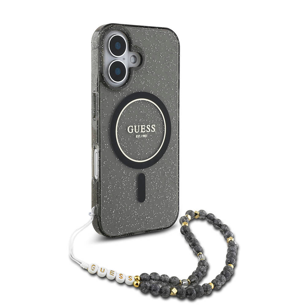 Apple iPhone 16 Case Guess Original Licensed M-safe Charging Feature Glittery Silicone Pearl Bracelet Cover Black