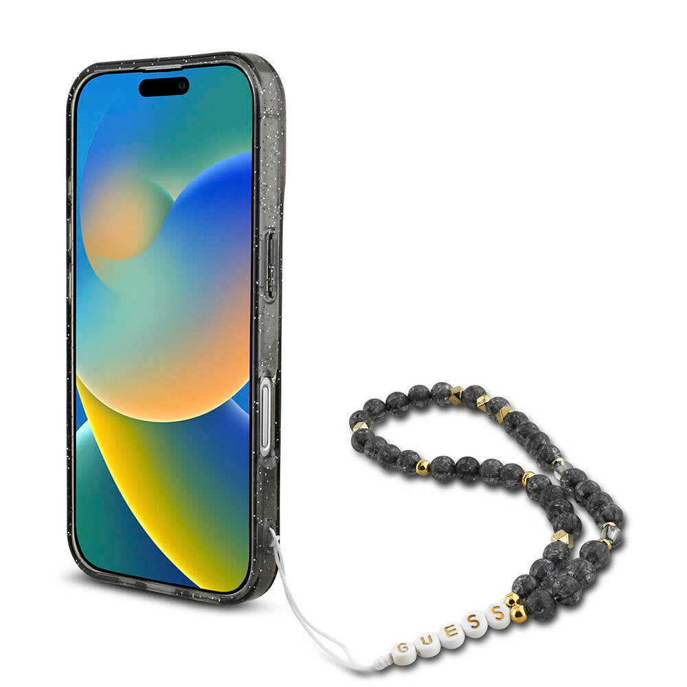 Apple iPhone 16 Case Guess Original Licensed M-safe Charging Feature Glittery Silicone Pearl Bracelet Cover Black