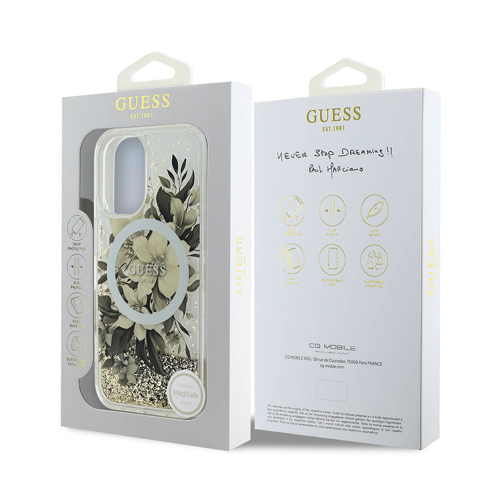 Apple iPhone 16 Case Guess Original Licensed M-safe Charging Liquid Glitter Flower Patterned Cover Green