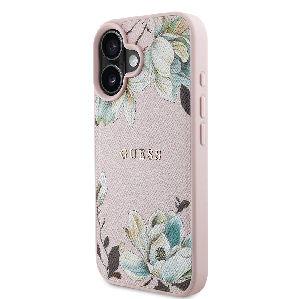 Apple iPhone 16 Case Guess Original Licensed M-safe Charging Feature Grained Flower Design Metal Lettering Logo Cover Pink
