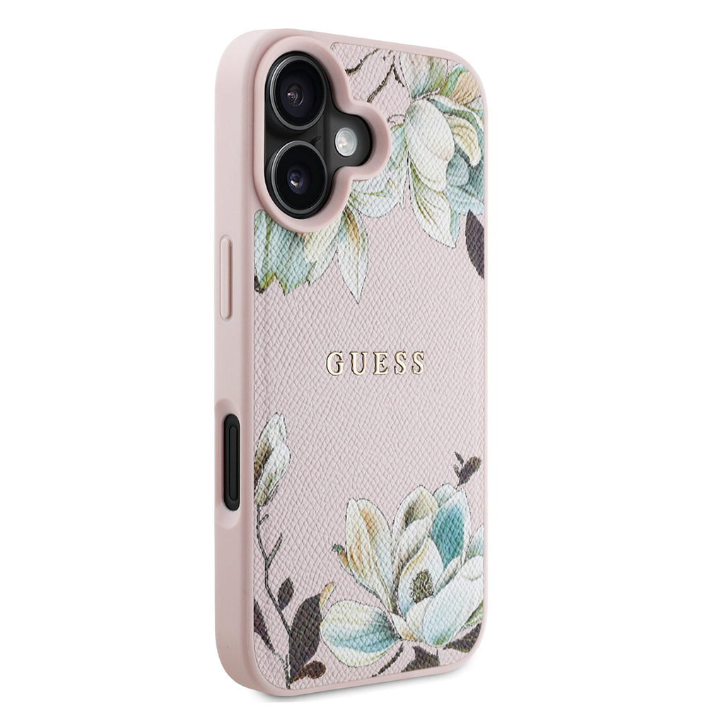 Apple iPhone 16 Case Guess Original Licensed M-safe Charging Feature Grained Flower Design Metal Lettering Logo Cover Pink