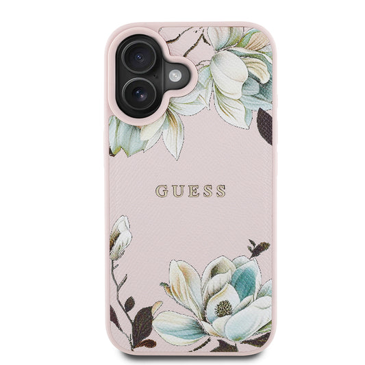 Apple iPhone 16 Kılıf Guess Orjinal Lisanslı M-safe Şarj Özellikli Taneli Çiçek Tasarımlı Metal Yazı Logolu Kapak