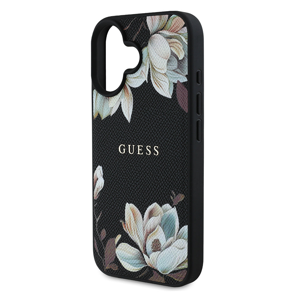 Apple iPhone 16 Case Guess Original Licensed M-safe Charging Feature Grained Flower Design Metal Lettering Logo Cover Pink