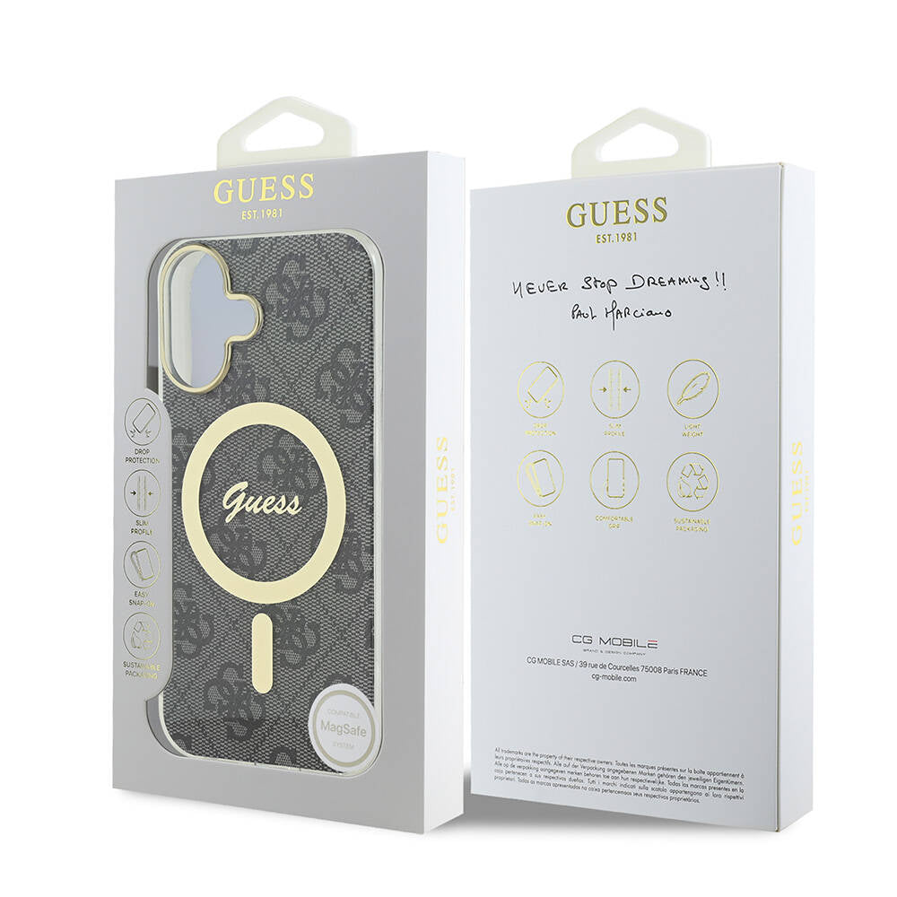 Apple iPhone 16 Case Guess Original Licensed M-safe Charging Feature 4G Patterned Cover with Text Logo Pink