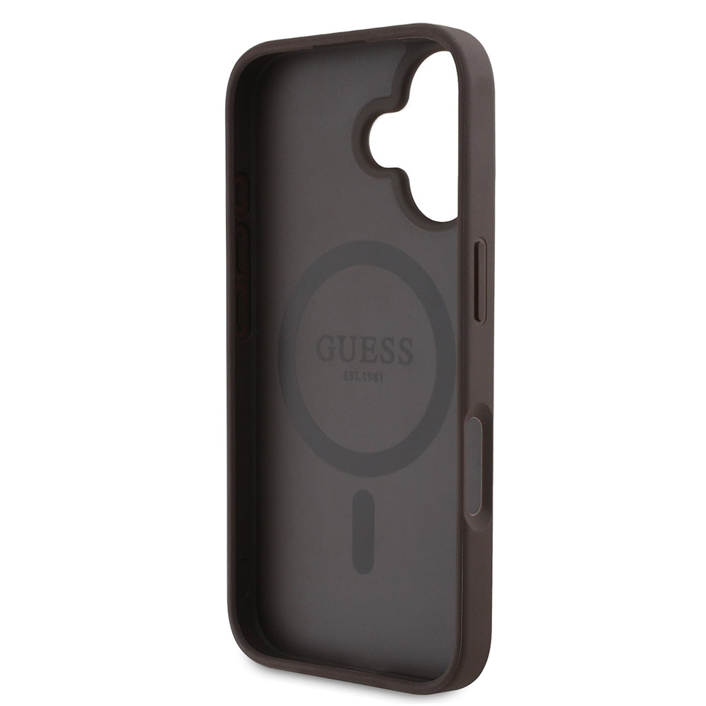 Apple iPhone 16 Case Guess Original Licensed M-safe Charging Feature Circle Classic Cover Brown with Text Logo