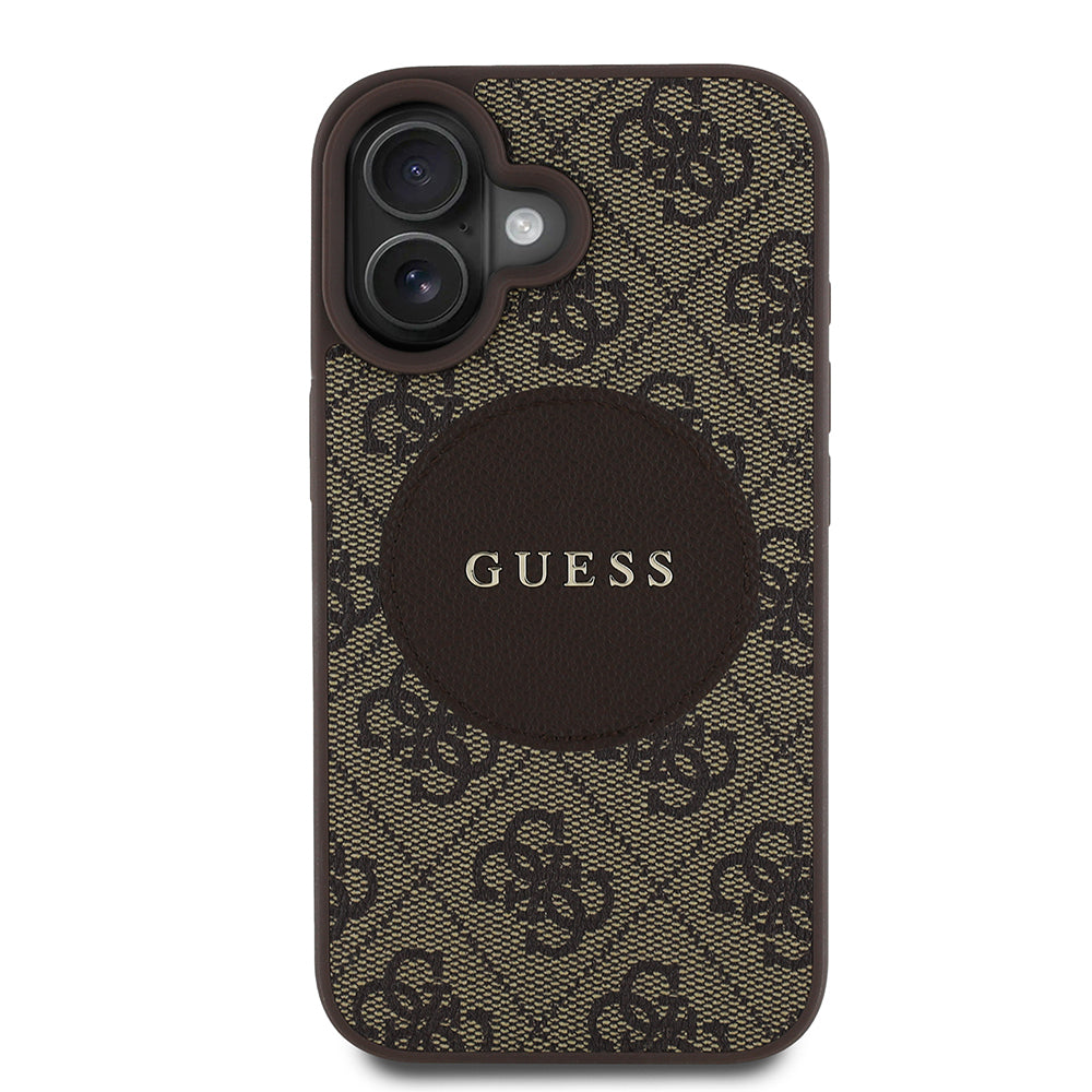 Apple iPhone 16 Case Guess Original Licensed M-safe Charging Feature Circle Classic Cover Brown with Text Logo