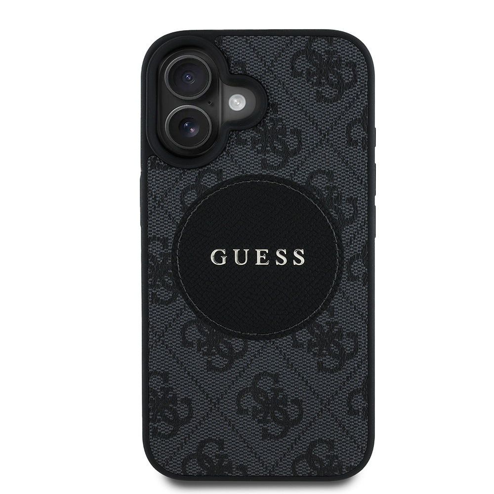Apple iPhone 16 Case Guess Original Licensed M-safe Charging Feature Circle Classic Cover with Text Logo Black