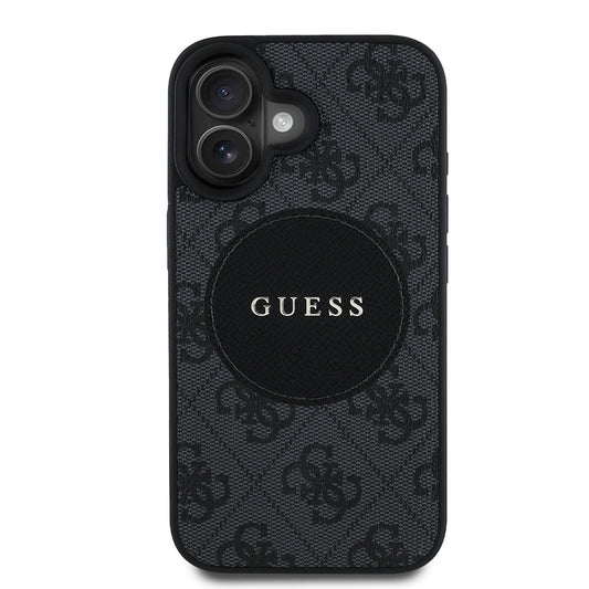 Apple iPhone 16 Kılıf Guess Orjinal Lisanslı M-safe Şarj Özellikli Yazı Logolu Circle Classic Kapak Siyah