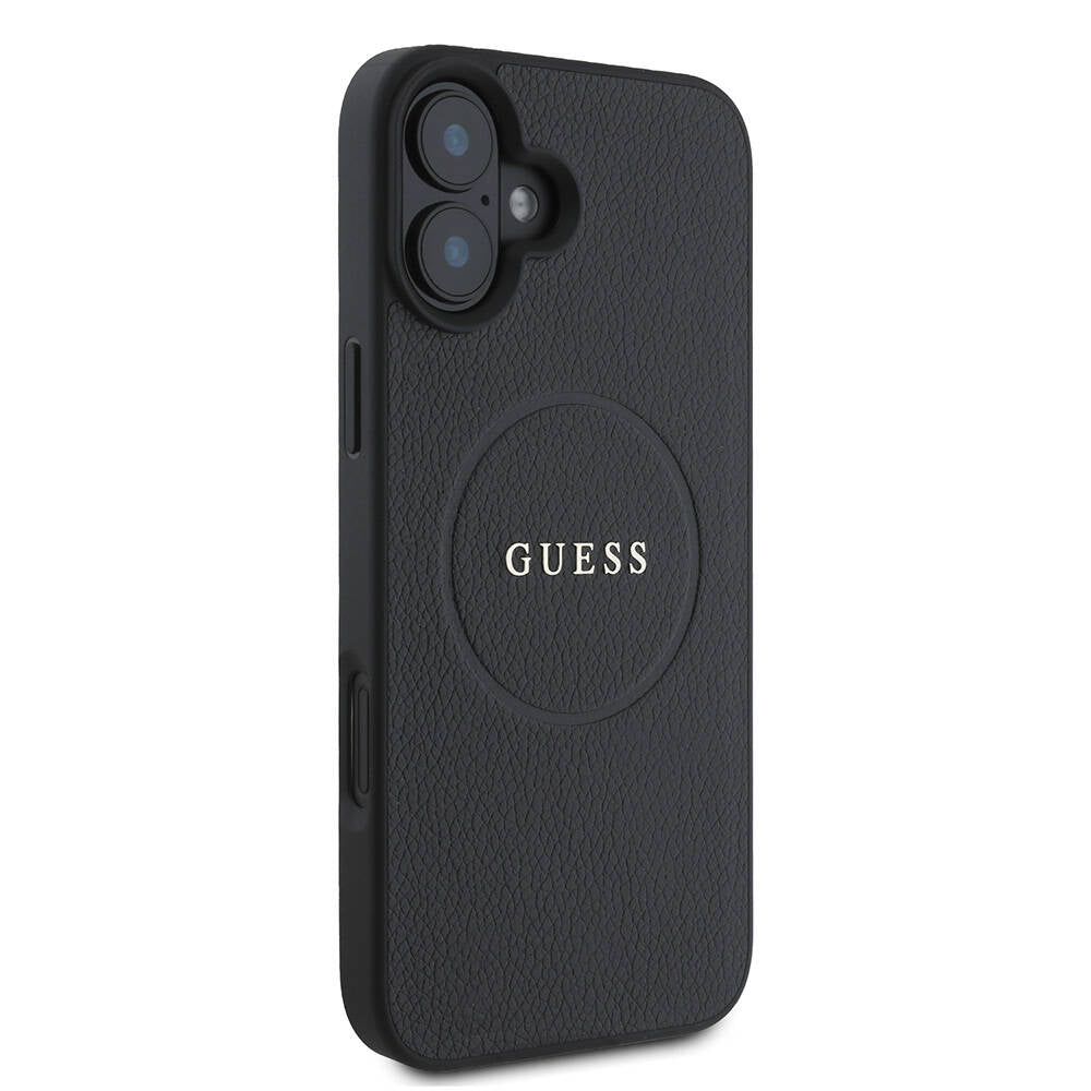 Apple iPhone 16 Case Guess Original Licensed M-safe Charging Feature Grained Cover Pink with Text Logo