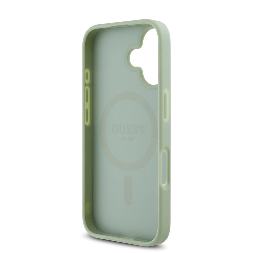 Apple iPhone 16 Case Guess Original Licensed M-safe Charging Feature Grained Cover Green with Text Logo