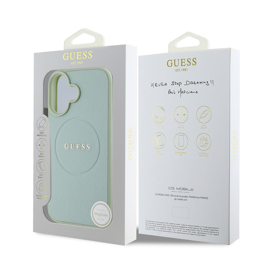 Apple iPhone 16 Case Guess Original Licensed M-safe Charging Feature Grained Cover Pink with Text Logo