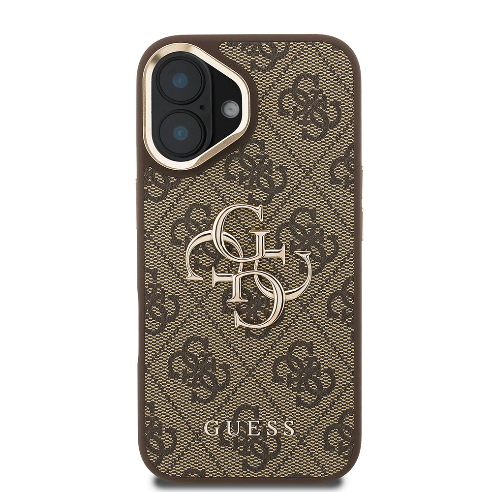 Apple iPhone 16 Kılıf Guess Orjinal Lisanslı PU Deri 4G Desenli Metal Büyük 4G ve Yazı Logolu Kamera Standlı Kapak Pembe