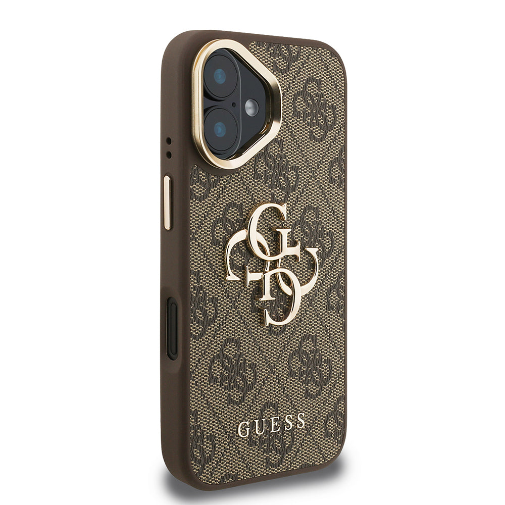 Apple iPhone 16 Kılıf Guess Orjinal Lisanslı PU Deri 4G Desenli Metal Büyük 4G ve Yazı Logolu Kamera Standlı Kapak Pembe