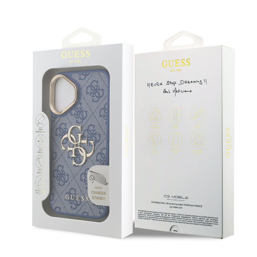 Apple iPhone 16 Kılıf Guess Orjinal Lisanslı PU Deri 4G Desenli Metal Büyük 4G ve Yazı Logolu Kamera Standlı Kapak Pembe