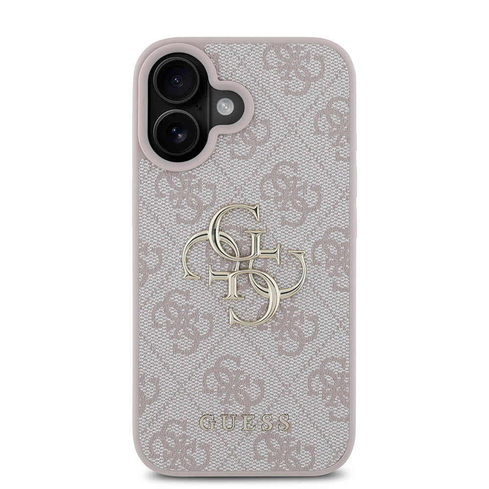 Apple iPhone 16 Case Guess Original Licensed PU Leather 4G Patterned Metal Large 4G and Text Logo Cover Pink