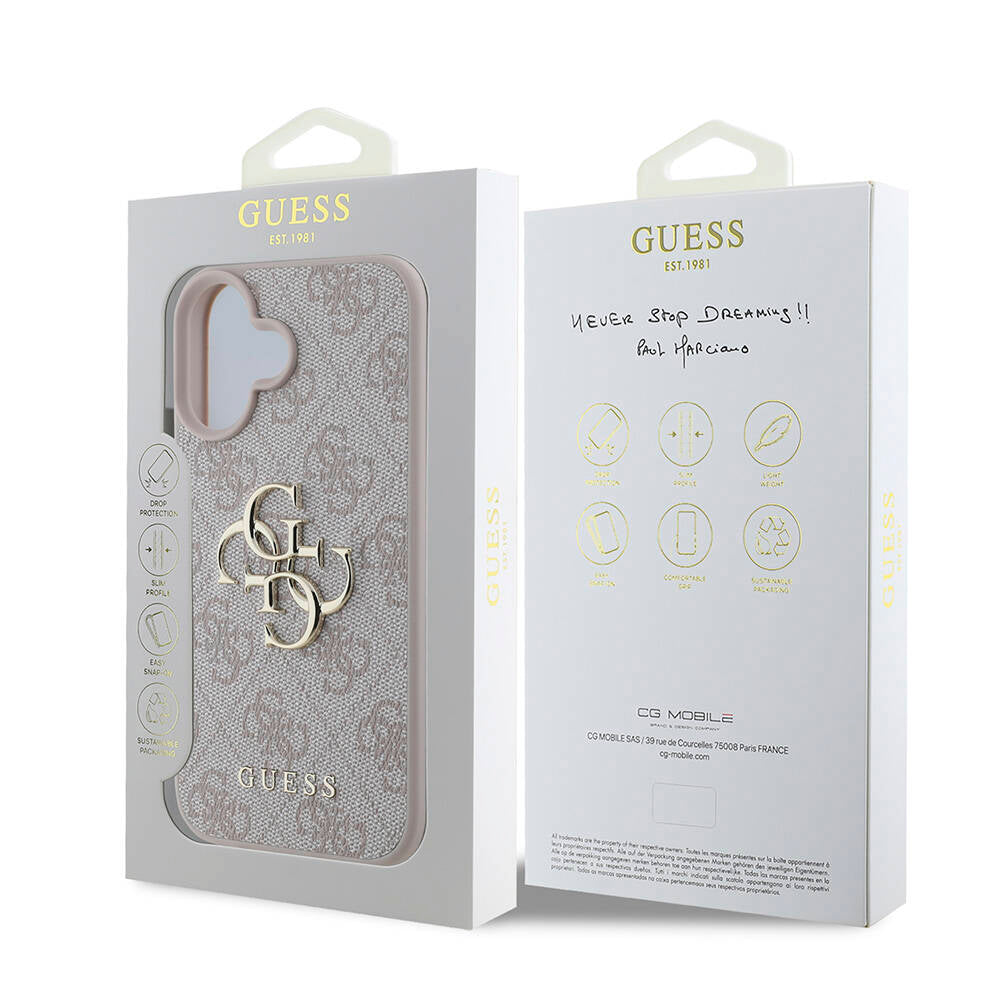 Apple iPhone 16 Case Guess Original Licensed PU Leather 4G Patterned Metal Large 4G and Text Logo Cover Pink