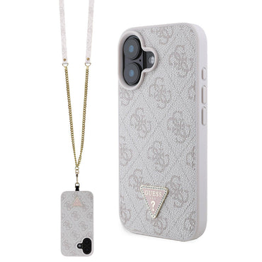 Apple iPhone 16 Kılıf Guess Orjinal Lisanslı PU Deri Taşlı Metal Üçgen Logolu Çapraz Vücut Askılı 4G Desenli Kapak Siyah