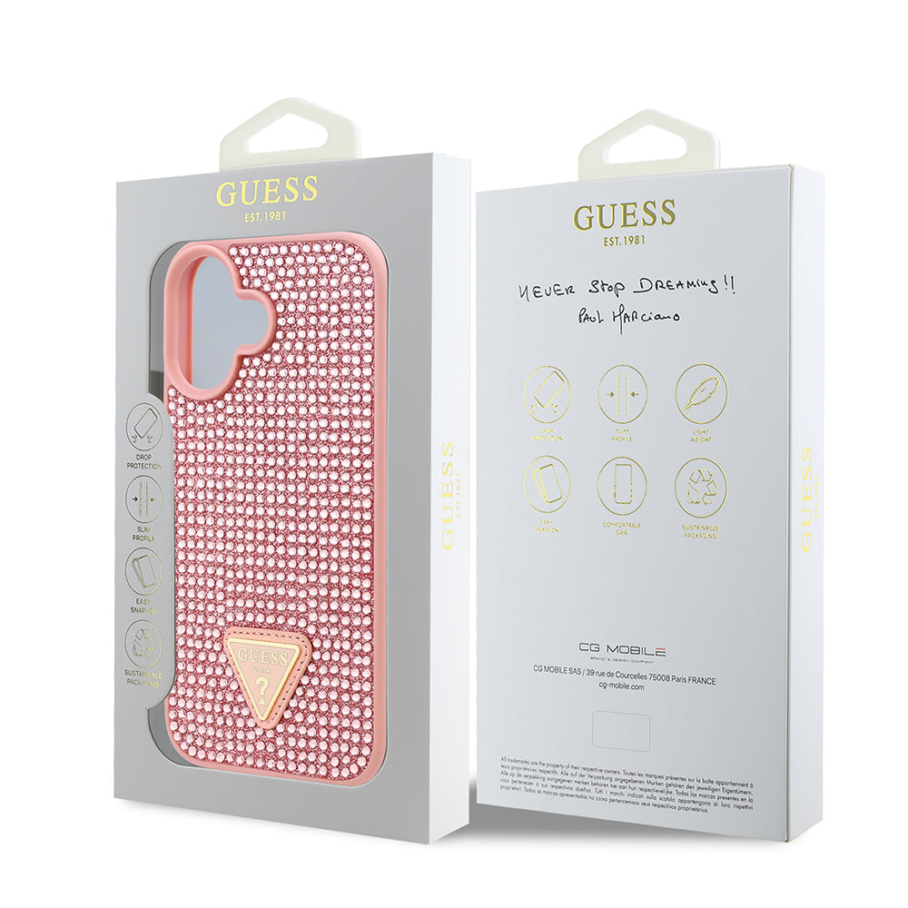 Apple iPhone 16 Case Guess Original Licensed Stone Back Surface Triangle Logo Cover Gold