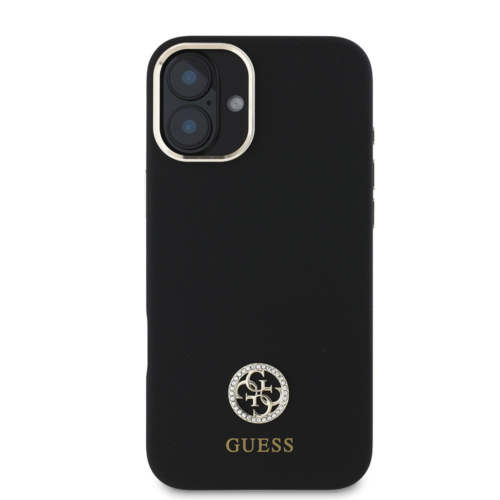 Apple iPhone 16 Kılıf Guess Orjinal Lisanslı Yazı ve Taşlı 4G Logolu Metal Kamera Çerçeveli Silikon Kapak Siyah