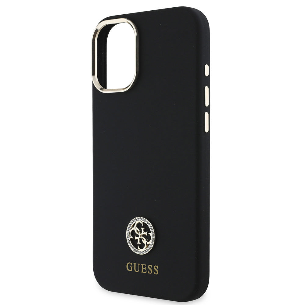 Apple iPhone 16 Kılıf Guess Orjinal Lisanslı Yazı ve Taşlı 4G Logolu Metal Kamera Çerçeveli Silikon Kapak Siyah