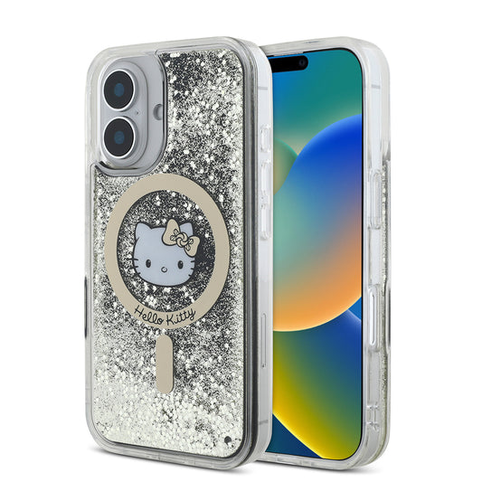 Apple iPhone 16 Kılıf Hello Kitty Orjinal Lisanslı M-safe Şarj Özellikli IML Baskı Kitty Head Logolu Sıvılı Simli Altın Ateşi Kapak