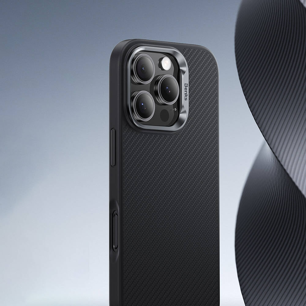 Apple iPhone 16 Case Carbon Fiber M-Safe Charging Feature Benks Hybrid ArmorPro 600D Kevlar Cover Black