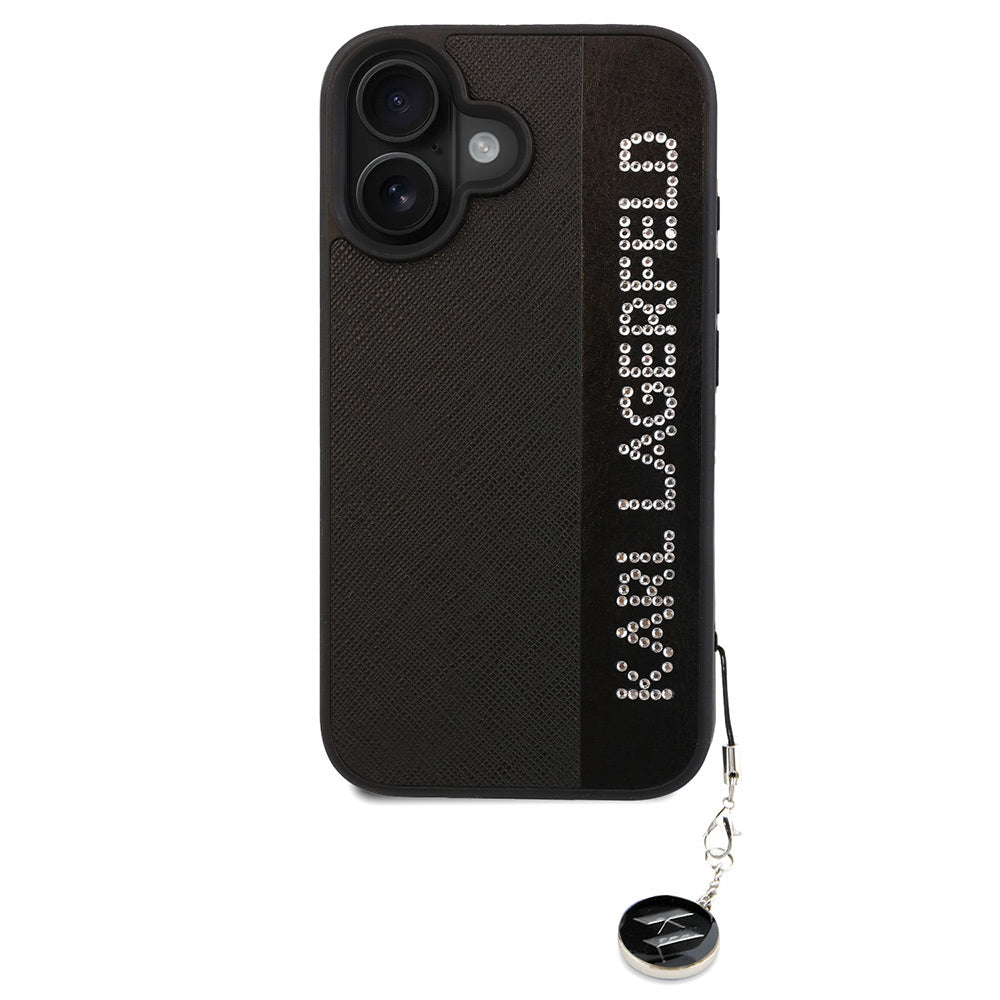 Apple iPhone 16 Case Karl Lagerfeld Original Licensed Keychain Stoned KL Written Saffiano Rhinestones Cover Black
